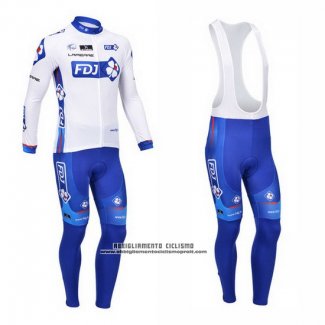 2013 Abbigliamento Ciclismo FDJ Bianco e Celeste Manica Lunga e Salopette