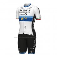 2022 Abbigliamento Ciclismo European Champion Bahrain Victorious Blu Bianco Manica Corta e Salopette