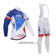 2015 Abbigliamento Ciclismo FDJ Bianco e Blu Manica Lunga e Salopette