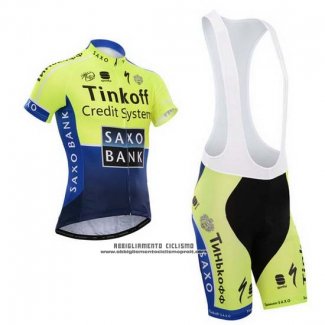 2014 Abbigliamento Ciclismo Tinkoff Saxo Bank Blu e Verde Manica Corta e Salopette