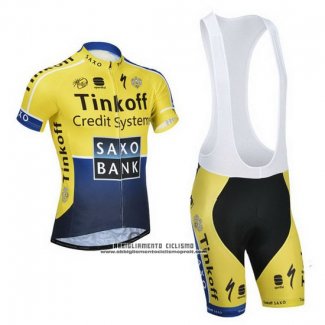 2014 Abbigliamento Ciclismo Tinkoff Saxo Bank Blu e Giallo Manica Corta e Salopette