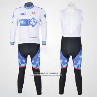 2010 Abbigliamento Ciclismo FDJ Bianco e Celeste Manica Lunga e Salopette